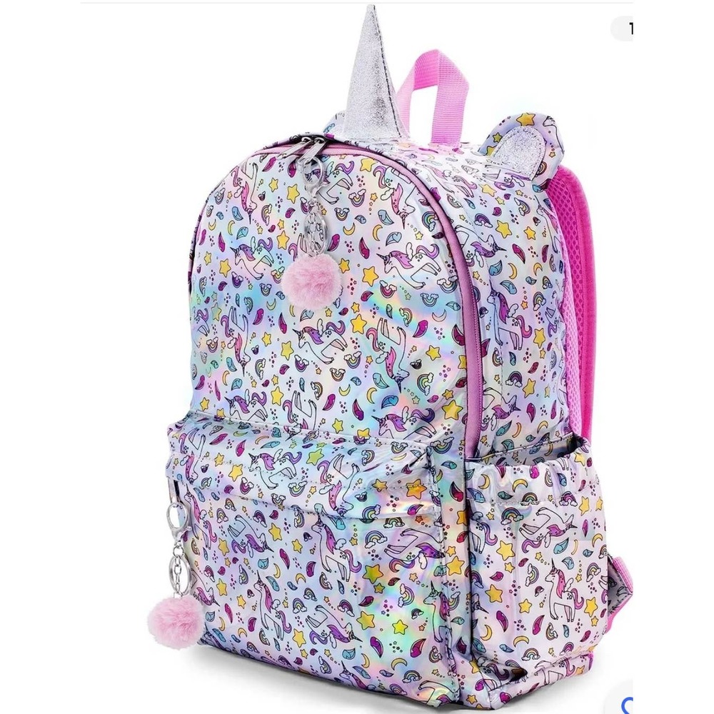 Ombu Girl's Unicorn Rainbow Stars Backpack Iridescent Fabric